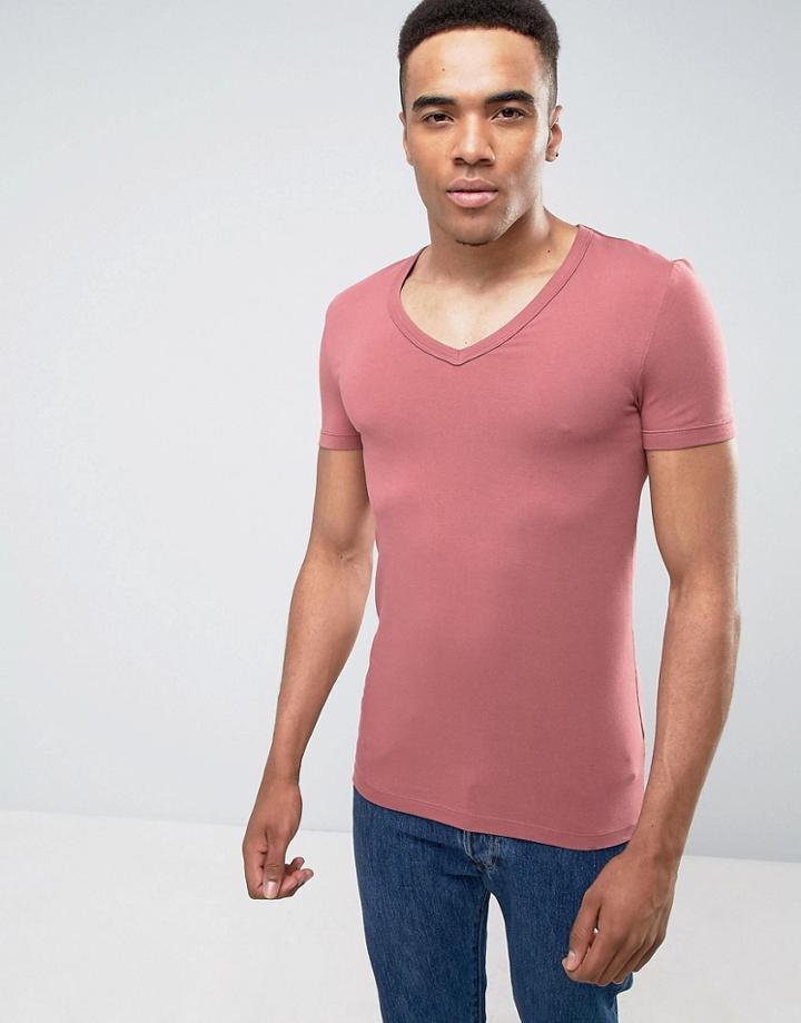 Asos Extreme Muscle Fit T-shirt With Deep V Neck And Stretch In Red - Red