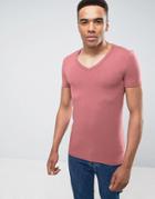 Asos Extreme Muscle Fit T-shirt With Deep V Neck And Stretch In Red - Red