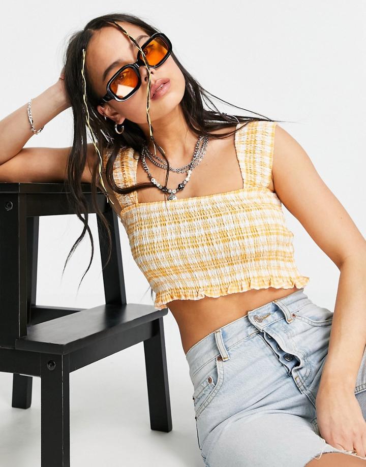 Bershka Gingham Shirred Crop Top Set In Orange