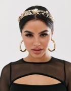 Asos Design Crown Headband With Pearl Crystal And Leaf Embellishment In Gold