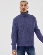 Asos Design Roll Neck Fisherman Rib Sweater In Denim Blue - Blue
