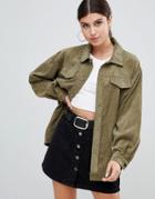 Prettylittlething Light Weight Cord Jacket In Khaki - Green