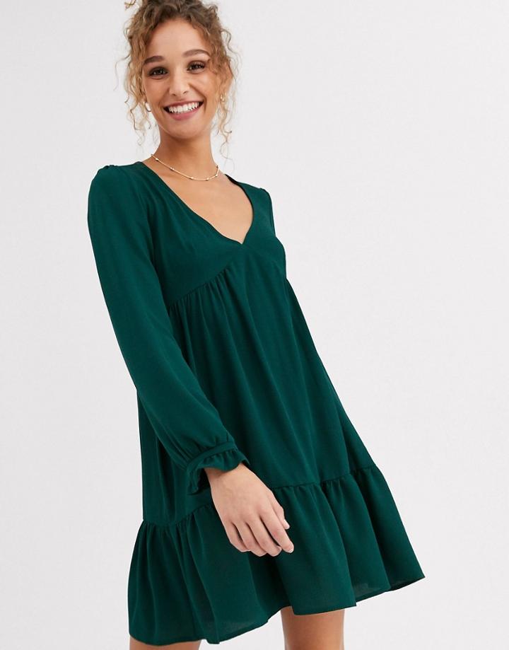 Asos Design V Neck Mini Smock Dress With Pep Hem-green