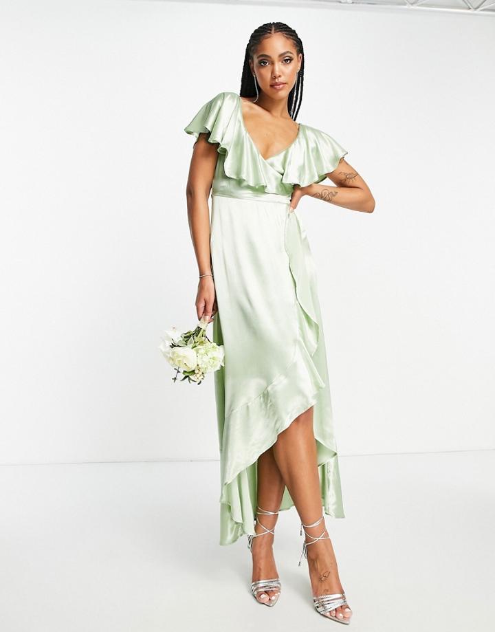 Topshop Bridesmaid Satin Frill Wrap Dress In Green