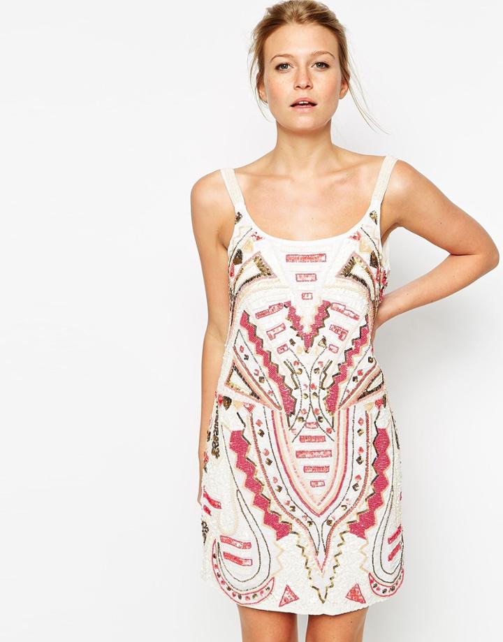 Forever Unique Asti Heavily Embellished Shift Dress - Coral