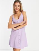 Asos Design Mini Button Through Tie Shoulder Sundress In Lilac-purple