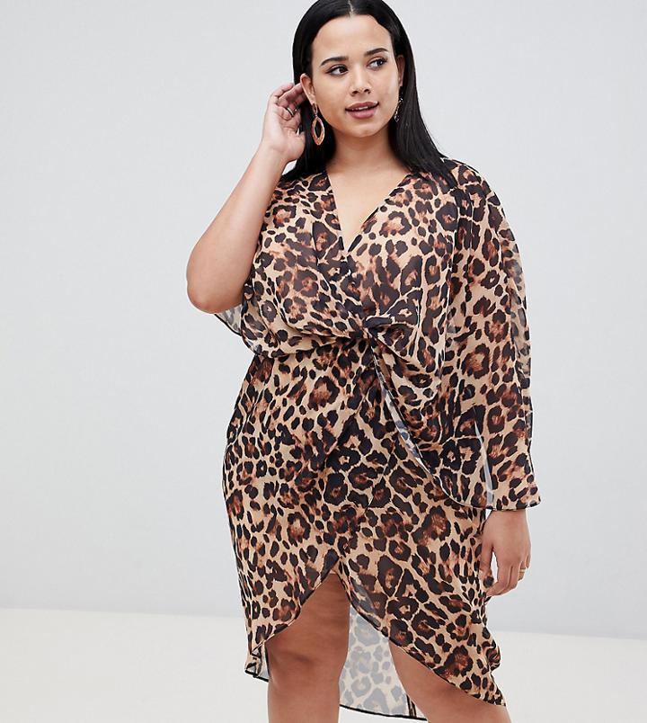 Asos Design Curve Midi Dress In Satin With Asymmetric Kimono Sleeve In Leopard Print-multi