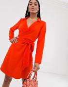 Asos Design Collar Detail Tie Wrap Around Mini Dress-orange