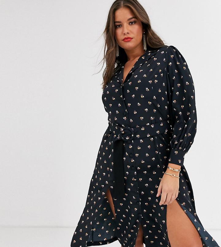 Fashion Union Plus Shirt Dress With Belted Waist In Allover Ditsy Floral-black