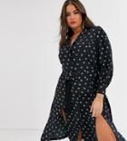 Fashion Union Plus Shirt Dress With Belted Waist In Allover Ditsy Floral-black