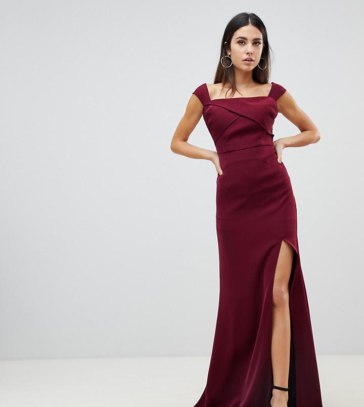 Yaura Off Shoulder Thigh Split Maxi Dress In Maroon-red