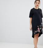 Asos Design Maternity Embroidered Hem T-shirt Dress With Hi Lo Hem - Black