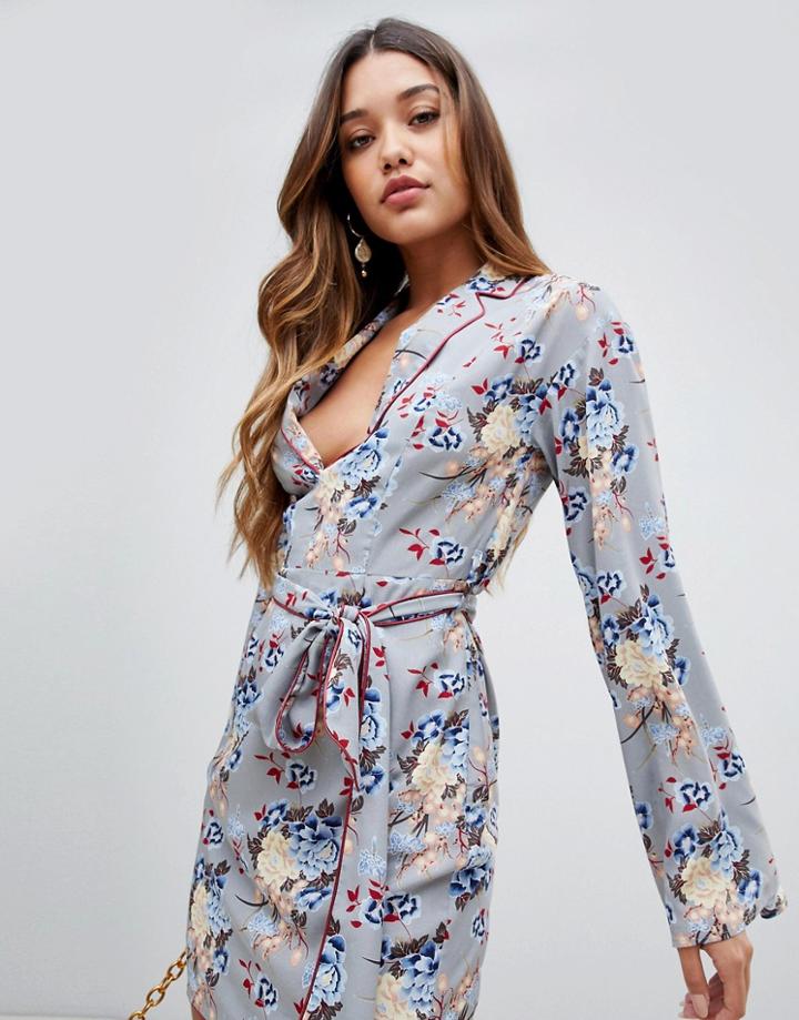 Prettylittlething Tie Waist Shirt Dress In Blue Floral - Blue