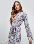 Prettylittlething Tie Waist Shirt Dress In Blue Floral - Blue