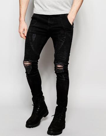 Siksilk Extreme Super Skinny Biker Jeans - Black