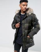 Siksilk Puffer Parka In Camo With Faux Fur Hood - Green