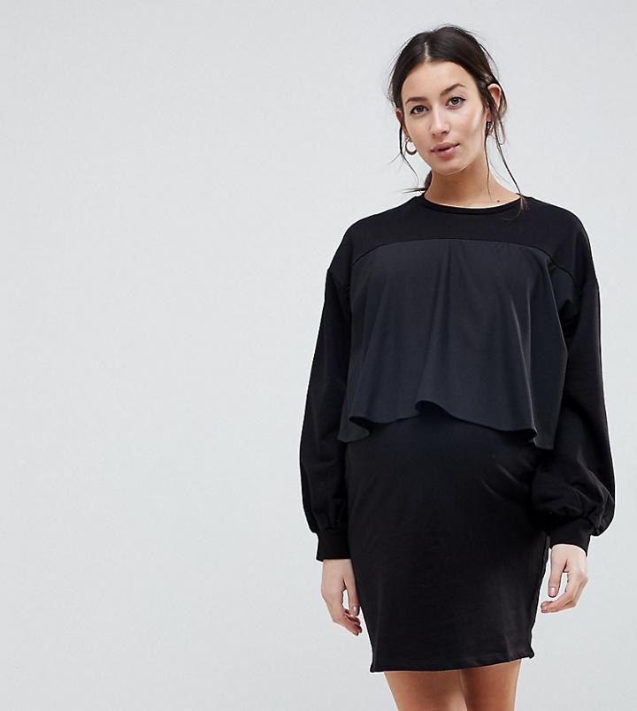 Asos Maternity Nursing Sweat Dress With Woven Overlay-black