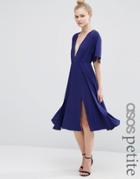 Asos Petite Kimono Plunge Midi With Splits Dress - Navy