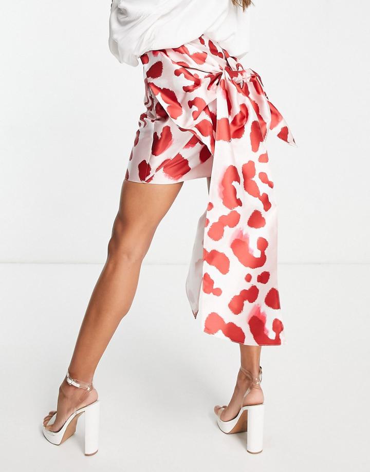 Asos Luxe Satin Bow Back Mini Skirt In Pink Animal Print-multi