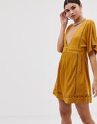 Asos Design Slubby Mini Dress With Ladder Trims - Yellow