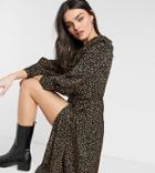 Fashion Union Wrap Midi Dress With Ruffles In Abstract Animal-multi