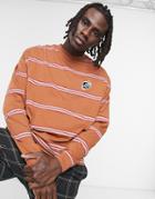 Asos Design Oversized Stripe Long Sleeve T-shirt In Brown With Skull Chest Embroidery