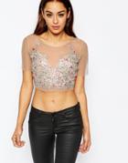 Asos Illusion Mesh And Bead Top - Nude