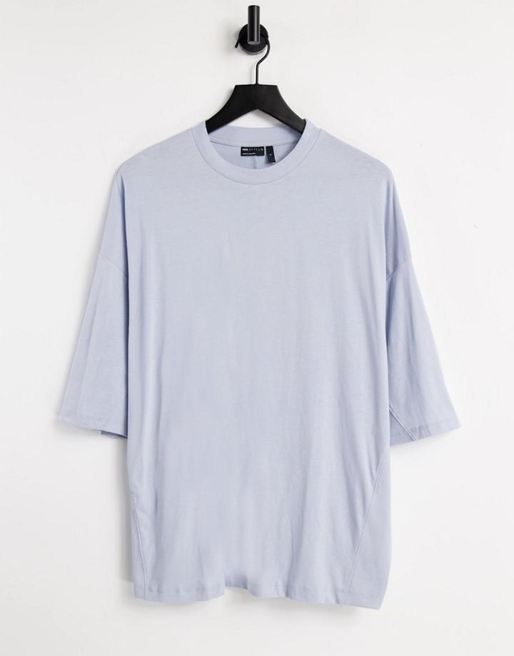 Asos Design Relaxed T-shirt With Rib Panels And Curved Hem Light Blue-blues