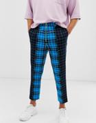 Asos Design Tapered Crop Smart Pants In Contrast Blue Checks - Blue