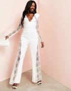 Asos Luxe Wedding Embellished Lace Plunge Jumpsuit-white