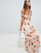Y.a.s Brush Print Bardot Midi Dress With Ruffle Hem - Multi