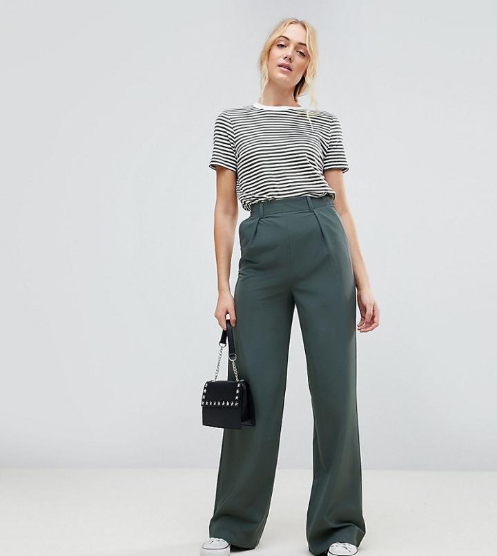 Asos Tall The Wide Leg Pants With Pleat Detail - Green