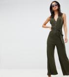 Asos Design Tall V Neck Jumpsuit With Button Front In Slouchy Rib - Green