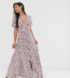 Asos Design Petite Button Through Maxi Tea Dress With Splits In Ditsy Print-multi