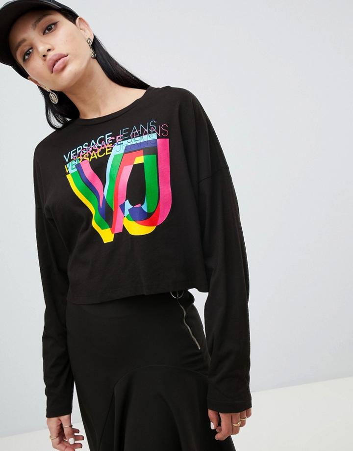 Versace Jeans Rainbow Logo Long Sleeve Top - Black