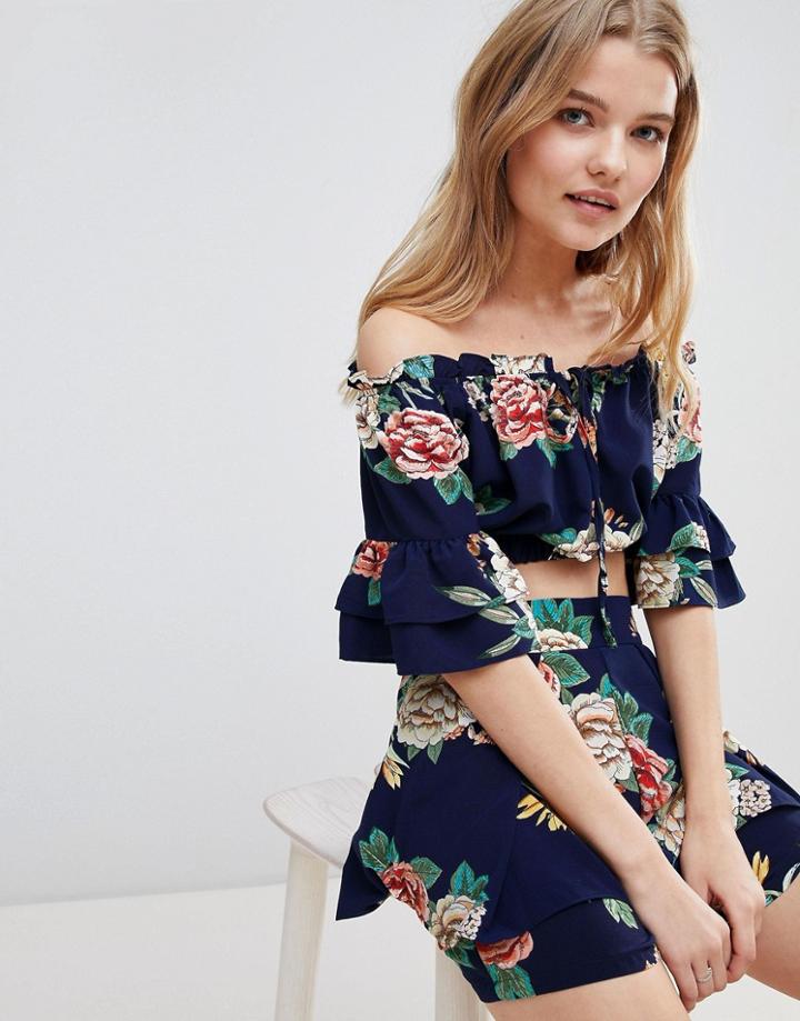 Love & Other Things Frill Sleeve Rose Print Crop Top - Navy