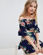 Love & Other Things Frill Sleeve Rose Print Crop Top - Navy