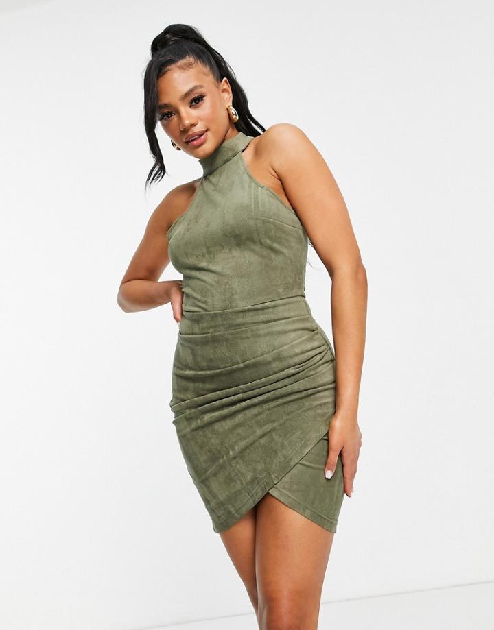 Ax Paris Faux Suede Wrap Mini Dress In Khaki-green