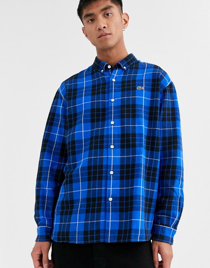Lacoste L!ve Logo Check Shirt With Button Down Collar In Blue