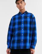 Lacoste L!ve Logo Check Shirt With Button Down Collar In Blue