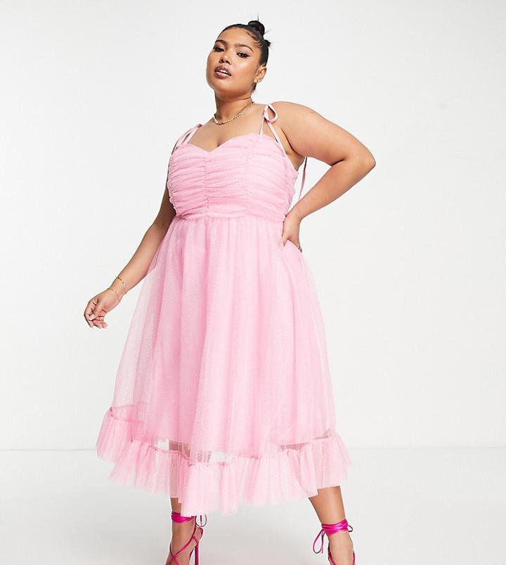 Collective The Label Curve Exclusive Tie Shoulder Ruched Bodice Midi Dress In Glitter Pink
