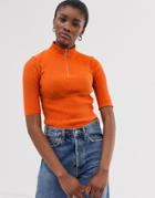 Asos Design Short Sleeve Rib Knit Sweater With Zip Detail-orange