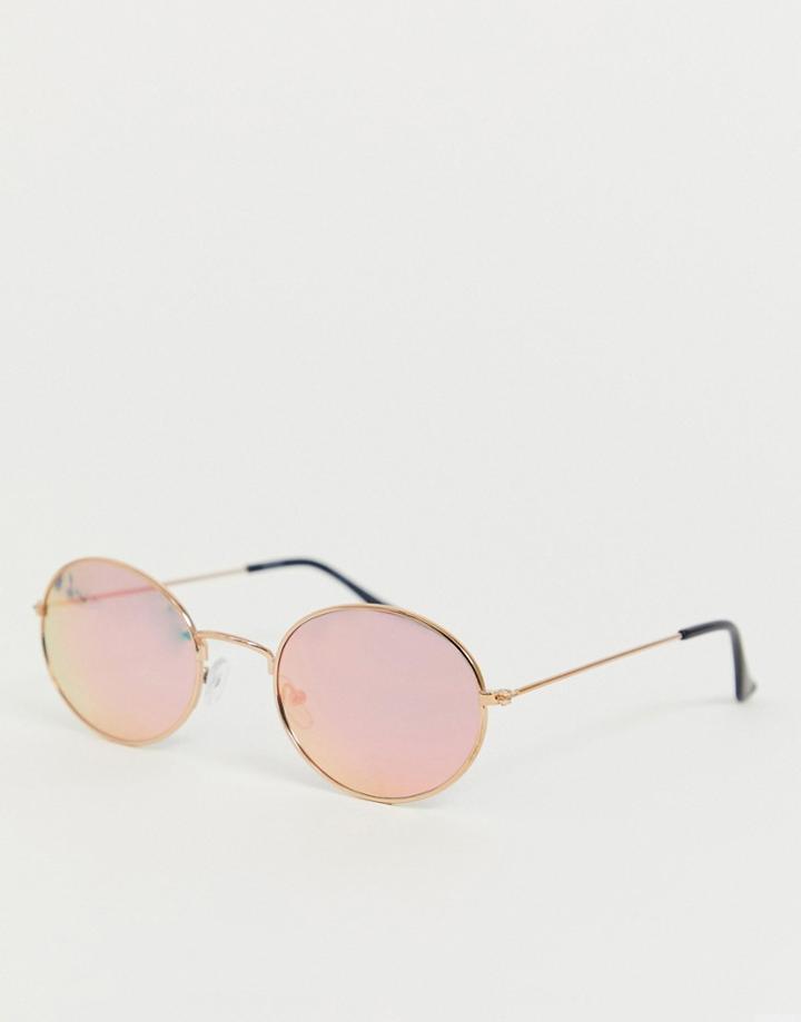 Asos Design Oval Sunglasses With Gold Frame And Iridescent Lenses - Gold
