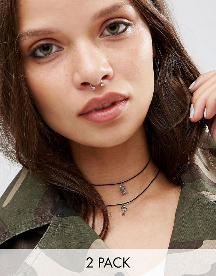 Asos Lock & Key Pack Of 2 Choker Necklaces - Black