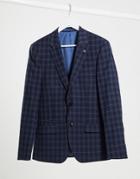River Island Skinny Suit Jacket In Navy Check