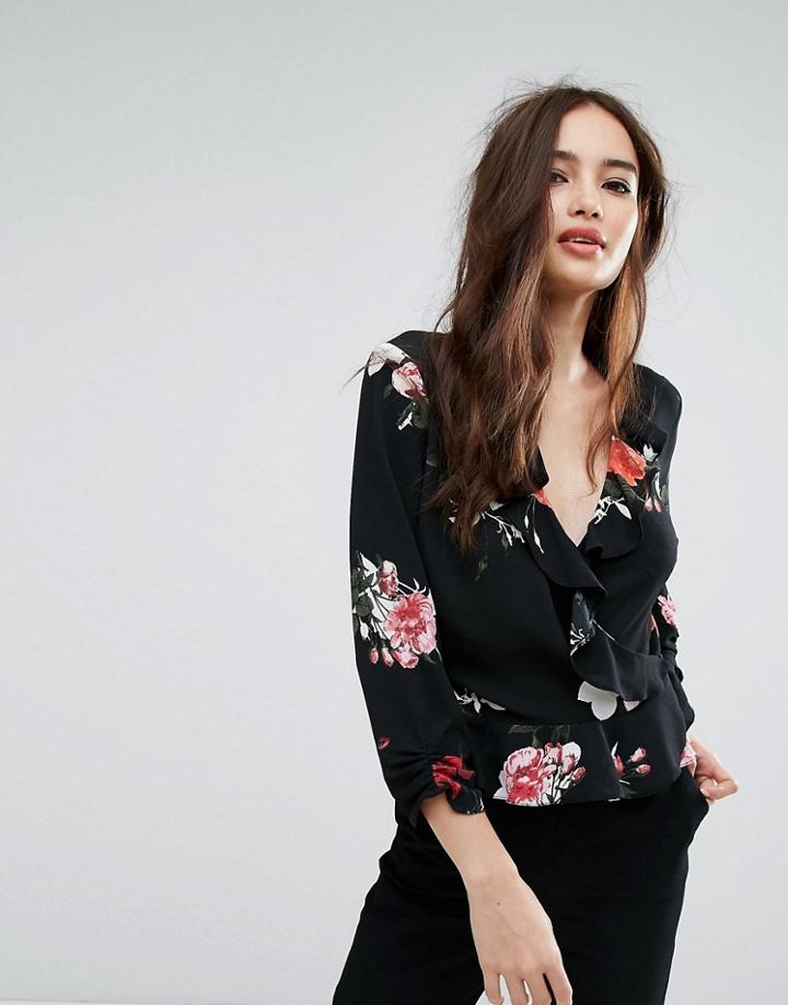 Miss Selfridge Floral Ruffle Blouse - Black