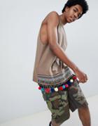 Asos Design Longline Sleeveless T-shirt With Pom Pom Aztect Hem Taping In Orange - Orange