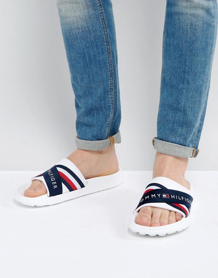 Tommy Hilfiger Logo Slider Flip Flops Cross Over In White - White