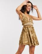 Asos Design Raw Edge Printed Jaquard Dress With Sheered Waist And Ring Trim-multi