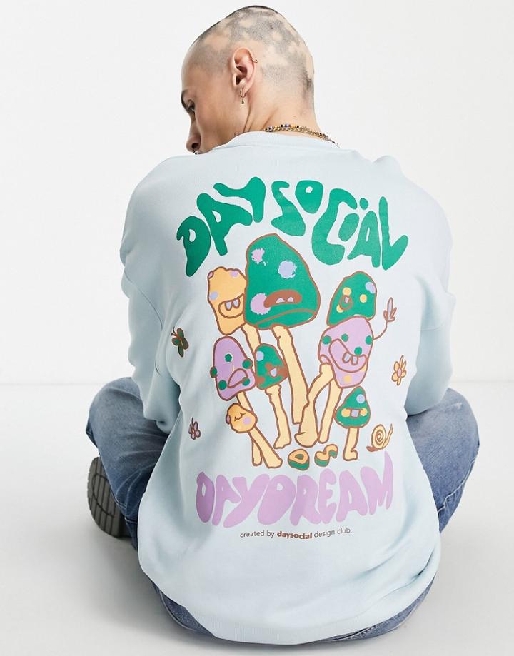 Asos Daysocial Oversized Sweatshirt With Large Mushrom Graphic Back Print In Light Blue-blues